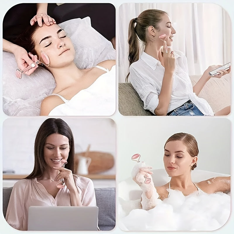 2-Piece Rose Quartz Facial Roller and Gua Sha Set - Unscented, Dual-Head Face Massage Roller, No Power Supply or Batteries Needed, Skin Care Tool for Beauty Regimen and Relaxation