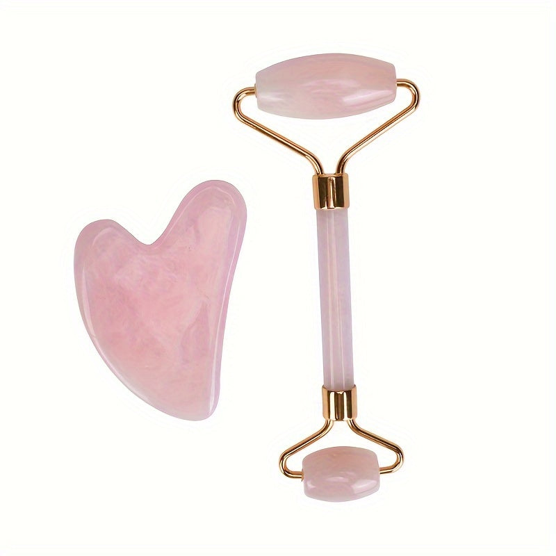 2-Piece Rose Quartz Facial Roller and Gua Sha Set - Unscented, Dual-Head Face Massage Roller, No Power Supply or Batteries Needed, Skin Care Tool for Beauty Regimen and Relaxation