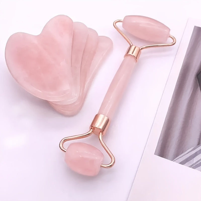 2-Piece Rose Quartz Facial Roller and Gua Sha Set - Unscented, Dual-Head Face Massage Roller, No Power Supply or Batteries Needed, Skin Care Tool for Beauty Regimen and Relaxation