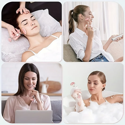 2-Piece Rose Quartz Facial Roller and Gua Sha Set - Unscented, Dual-Head Face Massage Roller, No Power Supply or Batteries Needed, Skin Care Tool for Beauty Regimen and Relaxation