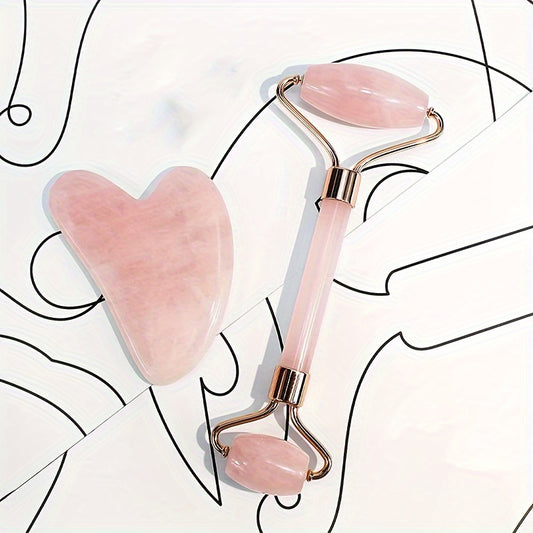 2-Piece Rose Quartz Facial Roller and Gua Sha Set - Unscented, Dual-Head Face Massage Roller, No Power Supply or Batteries Needed, Skin Care Tool for Beauty Regimen and Relaxation