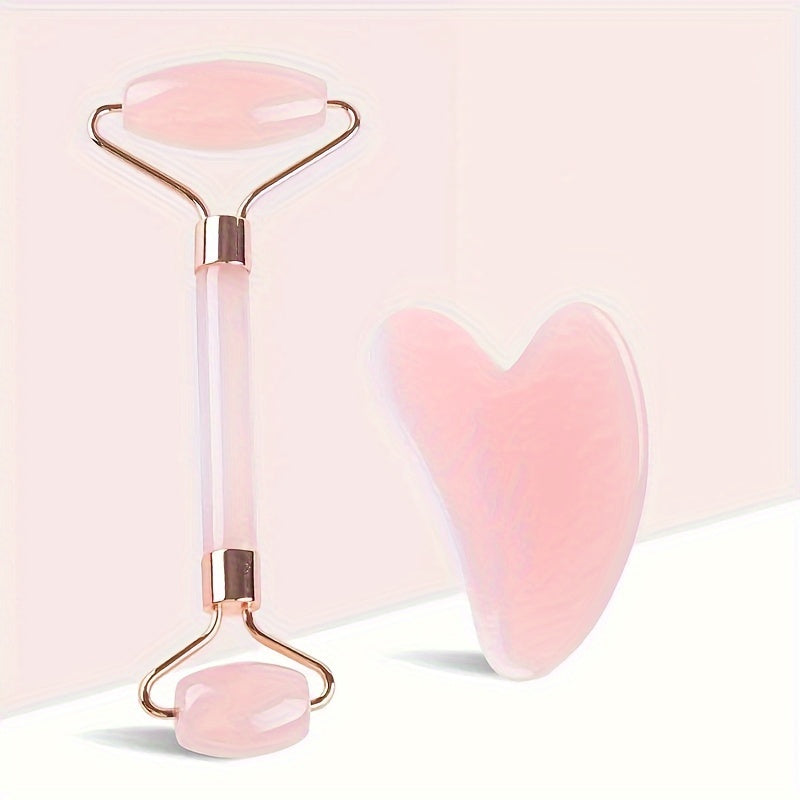 2-Piece Rose Quartz Facial Roller and Gua Sha Set - Unscented, Dual-Head Face Massage Roller, No Power Supply or Batteries Needed, Skin Care Tool for Beauty Regimen and Relaxation